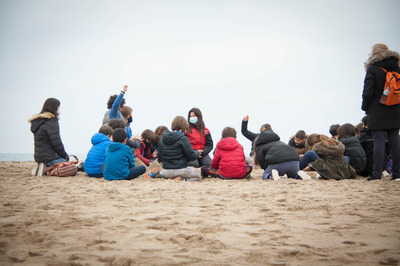 Grup d'escolars asseguts a la platja