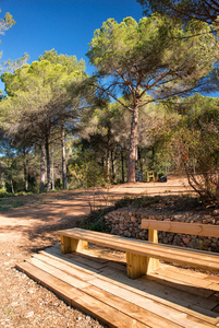 Zona de descans amb bancs i ombra