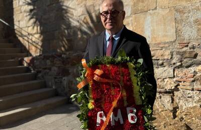 La imatge mostra a Jordi Valls, vestit amb vestit fosc i corbata vermella, sostenint l’ofrena floral de l’AMB. La corona està composta principalment de clavells vermells i grocs, amb una cinta groga i vermella (la senyera) i les sigles "AMB" en flors blanques. L'expressió de Valls és seriosa i solemne.